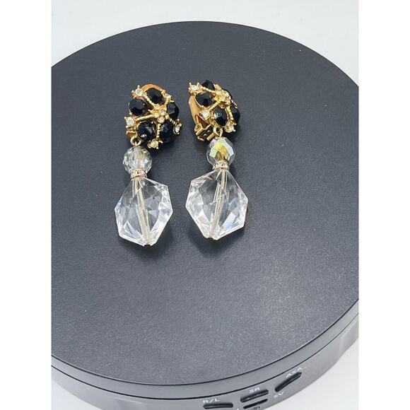 Eileen Fulton Vintage Black and Clear Crystal Clip on Earrings - Picture 4 of 14